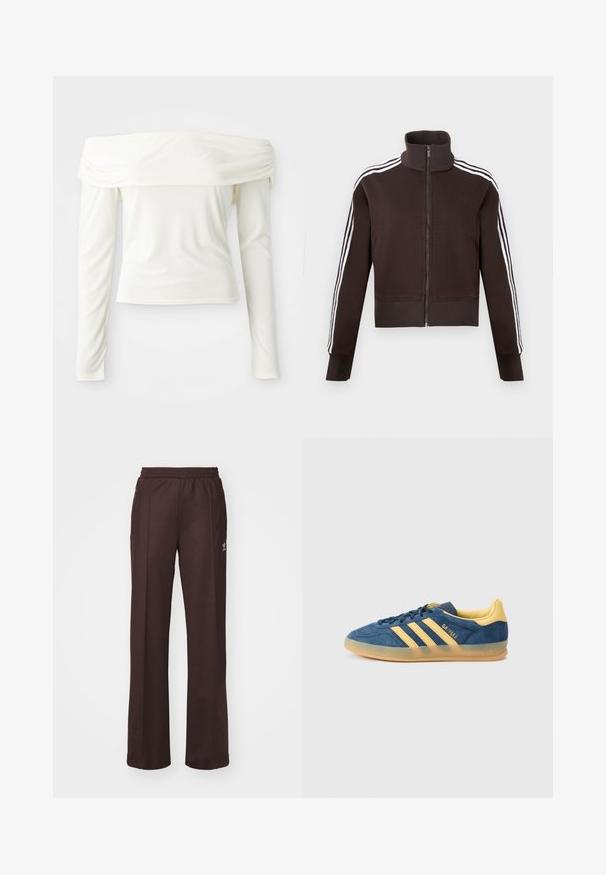Brun lynlåsjakke med høj krave, der har hvide side striber og ribstrikkede manchetter og kant. Blødt stof med en tætsiddende pasform.; Off-shoulder langærmet top i crème hvid, lavet af glat stof med en tætsiddende silhuet og samlet detalje ved udskæringen.; Brune træningsbukser med elastisk talje, to sidelommer og et lille logo på venstre side, lavet af et blødt stof.; Blå ruskindsneaker med gule detaljer, der har tre gule striber, tekstureret tunge og gennemsigtig gummisål. Mærkenavnet "Gazelle" er synligt.