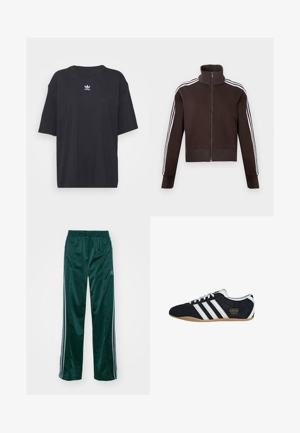 Braune Reißverschlussjacke mit hohem Kragen, weißen Seitenstreifen sowie gerippten Bündchen und Saum. Weicher Stoff mit figurbetontem Schnitt.; Schwarzes Baumwoll-T-Shirt mit kurzen Ärmeln, rundem Halsausschnitt, mit einem weißen Adidas-Logo auf der Brust. Einfaches Design, lockere Passform.; Dunkelgrüne Sporthosen aus glänzendem Material, mit seitlichen Streifen in Hellgrau und einem gestickten Logo auf dem linken Bein.; Schwarze Wildledersneaker mit drei weißen Streifen, goldenem Logo und brauner Gummisohle. Merkmale ein niedrigprofiliertes Schnürdesign.