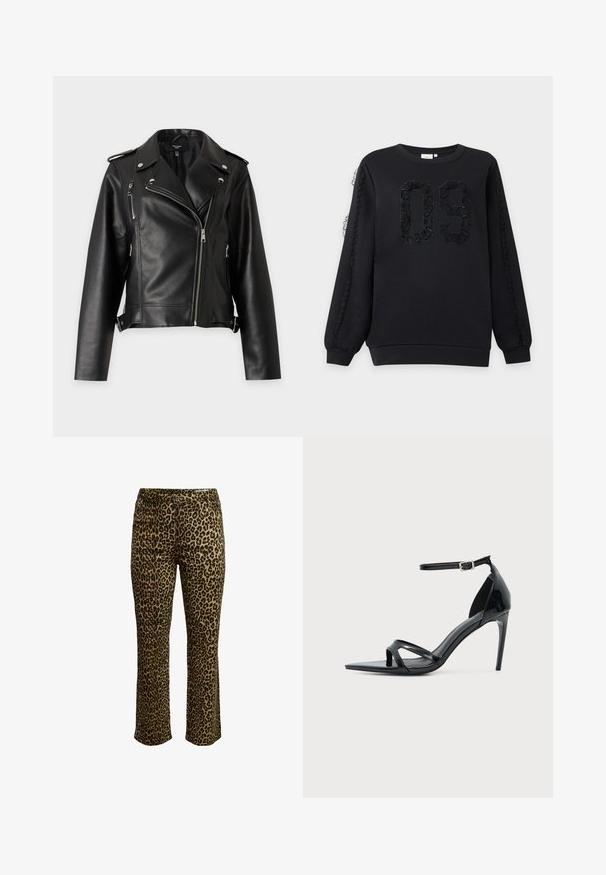 Veste de motard noire en cuir synthétique avec fermetures éclair argentées, boutons-pression sur les revers et les épaules, et sangles latérales ajustables avec boucle.; Sweat-shirt noir à manches longues avec le numéro 09 texturé sur le devant et des détails en dentelle courant le long des deux manches.; Pantalons imprimé léopard avec une coupe slim, fermeture à bouton et taille cousue avec un léger stretch pour le confort.; Sandale à talon haut en cuir verni noir avec fine bride à la cheville, bout ouvert et design minimaliste sur fond clair uni.