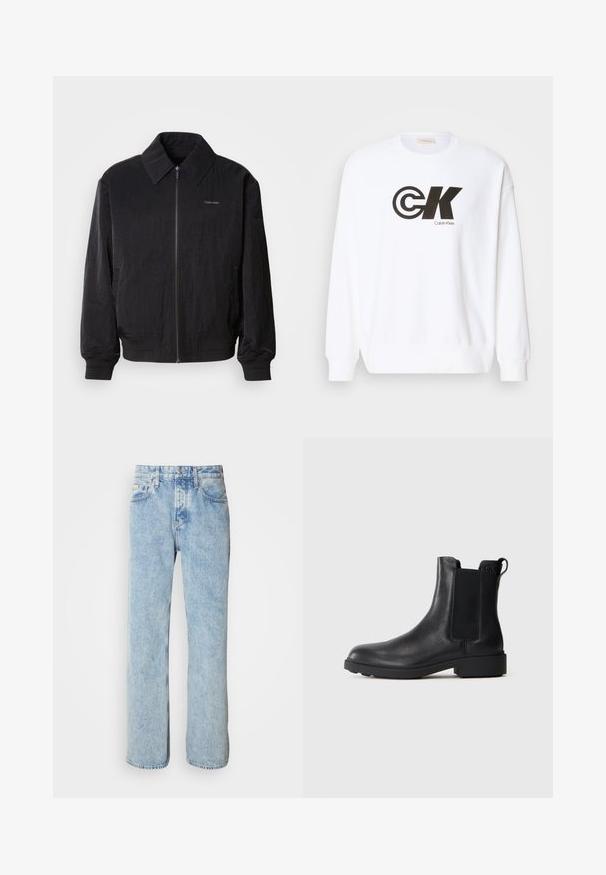 Sort zippered bomberjakke med struktureret stof, stor krave, elastiske manchetter og talje. Har diskret logo-detail på brystet.; Hvid sweatshirt lavet af bomuld med et sort Calvin Klein-logotryk. Den har en rund halsudskæring og ribben ved ærmerne og i bunden.; Lyseblå denimjeans med lige pasform, fem-lomme design og synlige syninger. Klassisk talje med knaplukning.; Sort læder ankelstøvle med elastiske sidepaneler, træksnor ved hælen og lav bloksål mod en ensfarvet baggrund.