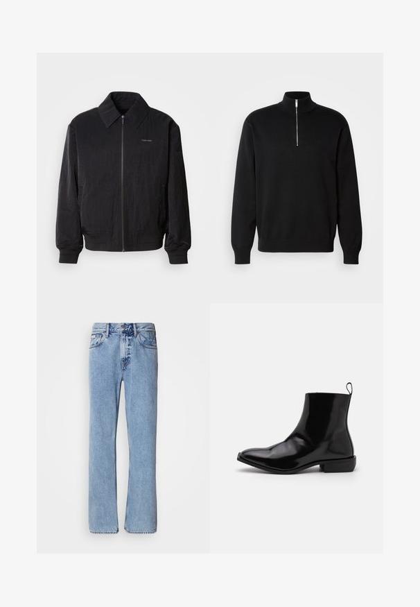 Veste bomber noire zippée en tissu texturé, avec un grand col, des poignets élastiques et une taille élastique. Présente un petit logo sur la poitrine.; Pull à col zippé noir en tissu lisse, avec un col haut et des manches longues, et un logo discret sur la poitrine.; Jean en denim bleu clair avec une coupe droite, cinq poches et une fermeture à bouton. Détails de couture près des poches et de la taille.; Zign STUDIO by Zalando LEATHER - Bottines - black