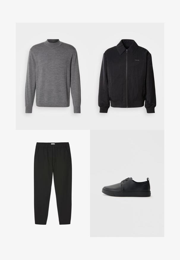 Μαύρο bomber jacket με φερμουάρ και υφή, μεγάλο γιακά, ελαστικούς καρπούς και μέση. Διαθέτει διακριτική λεπτομέρεια λογότυπου στο στήθος.; Γκρι μακρυμάνικος πουλόβερ από πλεκτό υλικό, με ψηλό λαιμό και διακριτικό λογότυπο στο στήθος. Λείο υφή και εφαρμοστή σχεδίαση.; Μαύροι ελαστικοί παντελόνες με ίσια μπατζάκια και πλαϊνές τσέπες, σχεδιασμένοι για καθημερινή ή επαγγελματική χρήση.; Μαύρο δερμάτινο αθλητικό παπούτσι με λεία επιφάνεια, στρογγυλή μύτη, τονικό ράψιμο, κορδόνια μπροστά και επίπεδη καουτσούκ σόλα. Βρόχος στην πτέρνα.