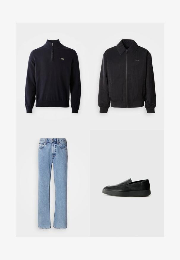 Sort zippered bomberjakke med struktureret stof, stor krave, elastiske manchetter og talje. Har diskret logo-detail på brystet.; Marineblå pullover med kvart-zip hals, ribbede manchetter og kant, lavet af blødt stof, med et lille grønt krokodillelogo på brystet.; Lyseblå denimjeans med lige ben design, fem lommer og knaplukning. Syninger nær lommer og talje.; Calvin Klein HYBRID CUP - Loafers - triple black