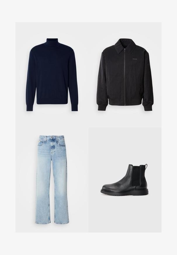 Veste bomber noire zippée en tissu texturé, avec un grand col, des poignets élastiques et une taille élastique. Présente un petit logo sur la poitrine.; Pull à col roulé bleu marine en tissu tricoté doux ; possède des manches longues et un logo discret sur la poitrine ; design épuré.; Jean large bleu clair à taille haute, avec une finition délavée, des passants de ceinture et un design classique à cinq poches. L'ourlet est brut.; Bottes Chelsea en cuir noir avec une finition texturée, des panneaux latéraux élastiques et une semelle en caoutchouc robuste. Branding subtil sur le talon.