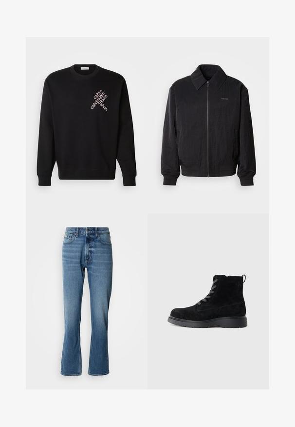 Mustast zip-up bomber-jaki, millel on tekstuuriga kangas, suur krae, elastsed mansetid ja vöökoht. Omab diskreetset logo detaili rinnal.; Must must, misest valmistatud puuvillast, millel on ümmargune kaelus ja pikad varrukad. Esiküljel on silmapatcha heleda roosa diagonaalse teksaga logo.; Heledad sinised teksad sirge lõike ja kerge laienemisega. Omab viit taskut, nööpkinnitust ja peeneid kulumisjälgi.; Mustad musta suede-stiilis pahkluude saapad, millel on tekstureeritud pind, ümar varvas, hallad paelad ja tugev must tall. Tagaküljel on väike tõmbeaas.