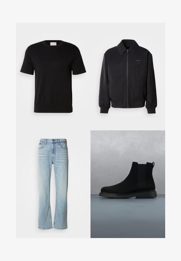 Μαύρο bomber jacket με φερμουάρ και υφή, μεγάλο γιακά, ελαστικούς καρπούς και μέση. Διαθέτει διακριτική λεπτομέρεια λογότυπου στο στήθος.; Μαύρο κοντομάνικο T-shirt από απαλό βαμβάκι. Διαθέτει στρογγυλή λαιμόκοψη, ραβδωτή υφή και μια διακριτική λογότυπη λεπτομέρεια στο στήθος.; Ανοιχτό μπλε τζιν παντελόνι με ίσια γραμμή, που διαθέτει πέντε τσέπες, κλείσιμο με κουμπί και διακριτική φθορά στο ύφασμα.; Μαύρη ankle μποτάκι κατασκευασμένο από λείο υλικό με διακριτικές ραφές, καουτσούκ σόλα και κομψό σχέδιο, τοποθετημένο πάνω σε επιφάνεια με ξυλώδη υφή.