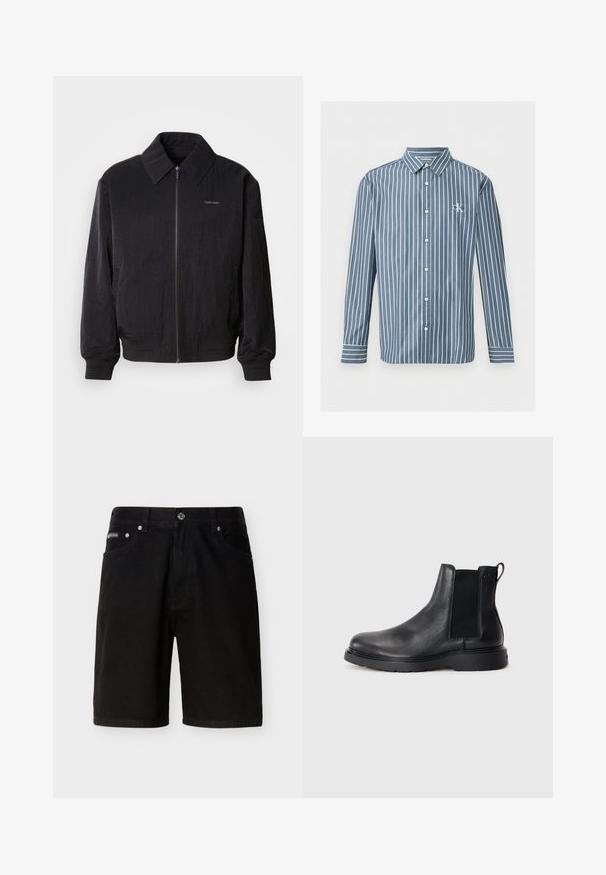 Μαύρο bomber jacket με φερμουάρ και υφή, μεγάλο γιακά, ελαστικούς καρπούς και μέση. Διαθέτει διακριτική λεπτομέρεια λογότυπου στο στήθος.; Μπλε μακρυμάνικο πουκάμισο με λευκές κάθετες ρίγες και μικρό λευκό λογότυπο «CK» στο αριστερό μέρος του στήθους.; Μαύρα μεσαίου μήκους σορτς από τζιν με κούμπωμα κουμπιού και φερμουάρ, θηλιές για ζώνη, εμπρόσθιες τσέπες και μικρό λογότυπο Calvin Klein στην δεξιά τσέπη.; Μαύρα δερμάτινα μποτίνια Chelsea με υφή, ελαστικές πλαϊνές ταινίες και ανθεκτική καουτσούκ σόλα. Διακριτική σήμανση στη φτέρνα.