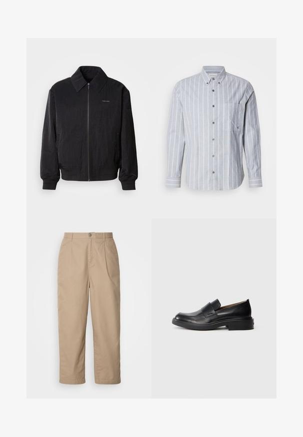 Μαύρο bomber jacket με φερμουάρ και υφή, μεγάλο γιακά, ελαστικούς καρπούς και μέση. Διαθέτει διακριτική λεπτομέρεια λογότυπου στο στήθος.; Ανοιχτό γαλάζιο πουκαμίσo με ρίγες, μακρυά μανίκια, γιακά με κουμπιά, μπροστινή τσέπη και υφασμάτινη υφή. Έχει αντίθετες λευκές κατακόρυφες ρίγες.; Beige, ελαφρύ παντελόνι από βαμβάκι με πτυχές μπροστά, κλείσιμο με κουμπί και ίσια πόδια, διαθέτοντας λεία υφή και χωρίς ορατά σχέδια.; Μαύρο δερμάτινο παπούτσι με χαμηλό τακούνι και διακριτικό λογότυπο Calvin Klein στο πλάι, παρουσιασμένο σε προφίλ σε λευκό φόντο.