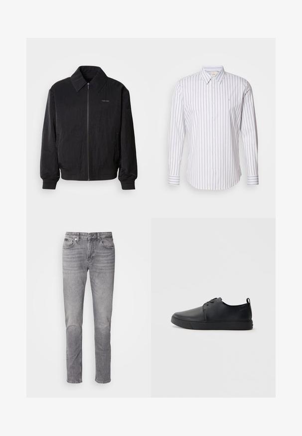 Cazadora bomber negra con cremallera y tela texturizada, gran cuello, puños elásticos y cintura ajustable. Presenta un sutil detalle del logo en el pecho.; Calvin Klein SLIM FIT - Camisa - gray marble; Jeans de mezclilla gris con diseño de pierna recta, cinco bolsillos, costuras visibles y una textura ligeramente desgastada. Cierre frontal con botón.; Zapatilla negra de cuero con acabado suave, punta redondeada, costuras a tono, cordones en la parte delantera y suela de goma plana. Asa en el talón.