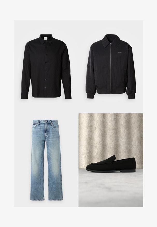 Μαύρο bomber jacket με φερμουάρ και υφή, μεγάλο γιακά, ελαστικούς καρπούς και μέση. Διαθέτει διακριτική λεπτομέρεια λογότυπου στο στήθος.; Μαύρο πουκάμισο με κουμπιά, με διαμαντένια υφή, μακριά μανίκια και κανονικό γιακά. Διαθέτει κουμπιά μπροστά και απλή πλάτη χωρίς διακοσμητικά στοιχεία.; Ανοιχτό μπλε τζιν παντελόνι με ίσια γραμμή και ψηλή μέση, πέντε τσέπες, κούμπωμα με κουμπί και διακριτικό ξεθώριασμα στους μηρούς και τα γόνατα.; Μαύρο γυναικείο παπούτσι loafer χωρίς κορδόνια που αιωρείται πάνω από ανοιχτόχρωμο χαλί με καμπυλωτό μοντέρνο τραπεζάκι κεχριμπαρένιου-καφέ στο βάθος.
