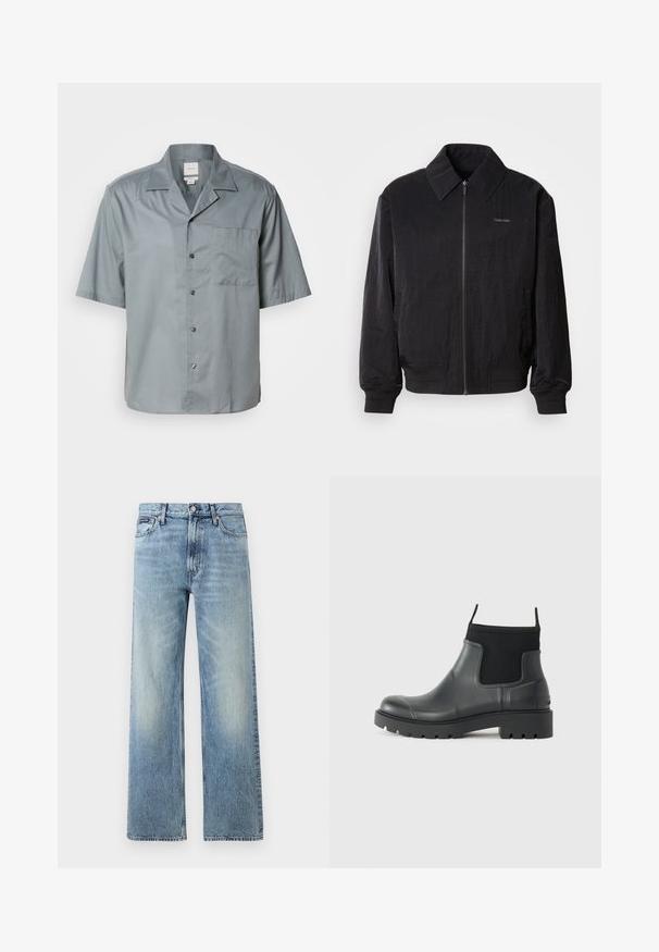 Mustast zip-up bomber-jaki, millel on tekstuuriga kangas, suur krae, elastsed mansetid ja vöökoht. Omab diskreetset logo detaili rinnal.; Lühikeste varrukatega nööbitava särk heledast hallist kangast, millel on sile tekstuur, rinnatasku ja klassikaline kraedi design.; Hele sinise värviga sirge säärega teksapüksid kõrge vöökohaga, viie taskuga, nööpidega kinnitatavad ja õrnade plekidega reite ja põlvede piirkonnas.; Mustad mustadest kummist ankle'ide saapad, millel on matt viimistlus, sujuv disain, elastsed paneelid ja paks tald, mis tagab haarduvuse.