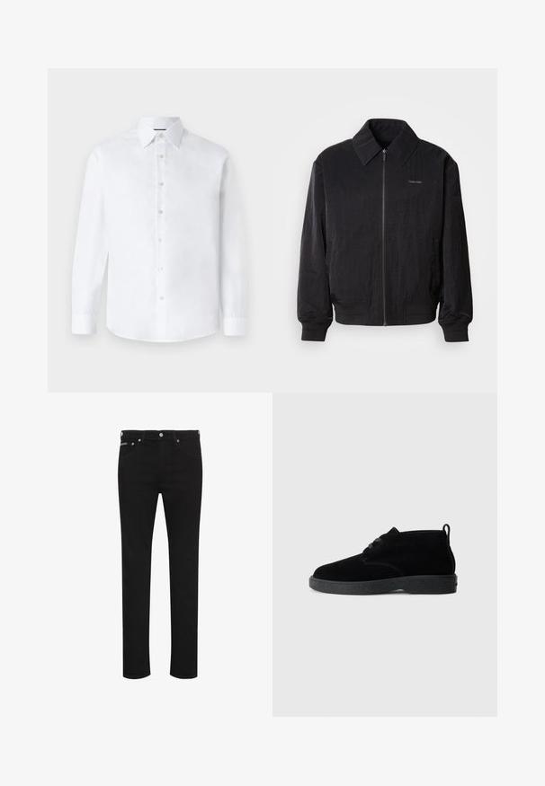 Mustast zip-up bomber-jaki, millel on tekstuuriga kangas, suur krae, elastsed mansetid ja vöökoht. Omab diskreetset logo detaili rinnal.; Valge pikkade varrukate ja klassikalise kraega särk, millel on nööpidega esitasku ja ümar hem. Valmistatud siledast puuvillakangast, ilma mustriteta.; Mustad kitsad teksad eesnupu, vööaasade ja nähtavate ees taskutega, valgel taustal.; Mustad nahast pahkluu saapad ümarate varvastega, paeltega disain, must kummitald ja seljaosas tõmblõng mugavaks selga panemiseks.