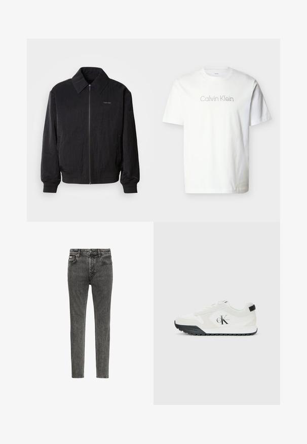 Veste bomber noire zippée en tissu texturé, avec un grand col, des poignets élastiques et une taille élastique. Présente un petit logo sur la poitrine.; T-shirt blanc à manches courtes en coton, avec un logo "Calvin Klein" gris sur la poitrine en police minimaliste.; Jean denim noir délavé slim avec cinq poches, passants de ceinture et fermeture par boutons à la taille, présenté face à un fond blanc.; Baskets blanches Calvin Klein avec semelle noire, panneaux en daim et en maille, logo CK sur le côté, et marque Calvin Klein sur le talon et la semelle.