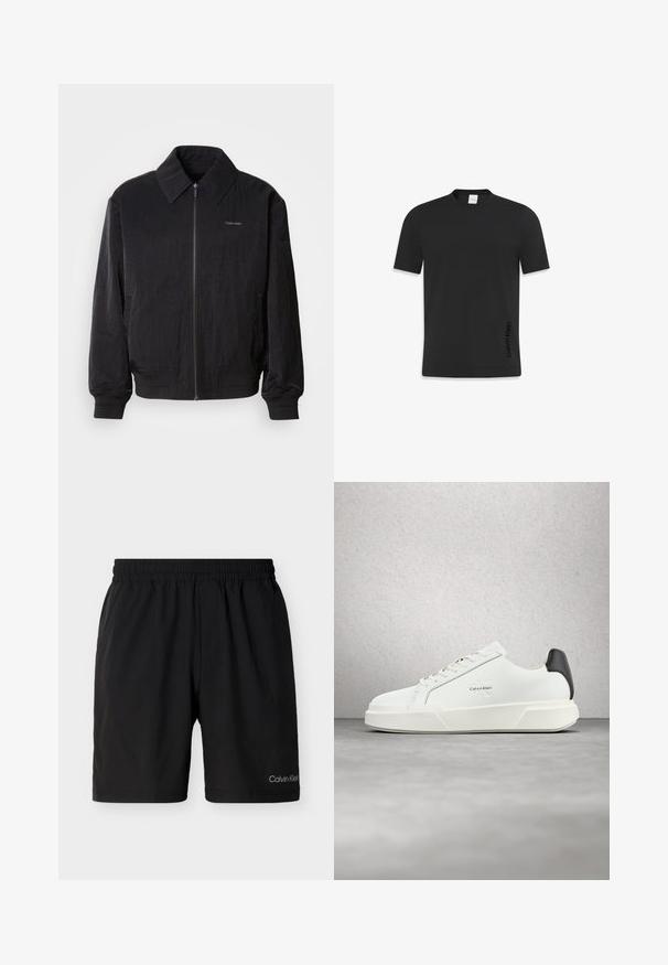 Μαύρο bomber jacket με φερμουάρ και υφή, μεγάλο γιακά, ελαστικούς καρπούς και μέση. Διαθέτει διακριτική λεπτομέρεια λογότυπου στο στήθος.; Μαύρο κοντομάνικο T-shirt από απαλό βαμβάκι, με κλασικό λαιμόκοψη και μικρό λογότυπο τυπωμένο στο κάτω μέρος.; Μαύρα σορτς με ελαστική μέση και πλαϊνές τσέπες, μήκους μέχρι το γόνατο, με μικρό λογότυπο Calvin Klein στο κάτω αριστερό πόδι.; Λευκά αθλητικά παπούτσια με λείο δερμάτινο επάνω μέρος, επίπεδα κορδόνια και ανυψωμένη λευκή σόλα. Διαθέτουν μαύρη λεπτομέρεια στη φτέρνα και ανάγλυφο λογότυπο.