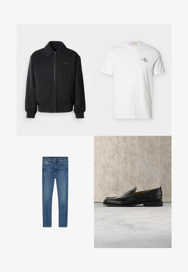 Mustast zip-up bomber-jaki, millel on tekstuuriga kangas, suur krae, elastsed mansetid ja vöökoht. Omab diskreetset logo detaili rinnal.; Valge puuvillane lühikeste varrukatega T-särk, millel vasakul rinnal väike hall "Calvin Klein" logo, ümar kaelus ja tavapärane lõige.; Sinised kitsad teksapüksid, viie taskuga, nööpide sulgemisega ja õrnalt pleekinud reitel ning põlvedel.; Meeste mustast nahast mokassiin, mille pealiskihil on krokodillinahast muster ja madal konts, esitletud profiilis neutraalsel taustal.