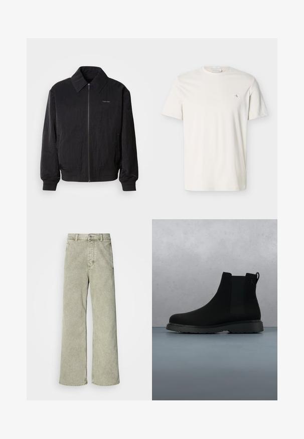 Μαύρο bomber jacket με φερμουάρ και υφή, μεγάλο γιακά, ελαστικούς καρπούς και μέση. Διαθέτει διακριτική λεπτομέρεια λογότυπου στο στήθος.; Απλό λευκό T-shirt με κοντά μανίκια, λαιμόκοψη τύπου crew και μικρό έμβλημα με το λογότυπο CK στο αριστερό στήθος.; Ανοιχτό πράσινα παντελόνια τύπου wide-leg με ψηλή μέση, κατασκευασμένα από τζιν, με κουμπί κλεισίματος και κλασικό σχέδιο πέντε τσέπων.; Μαύρη ankle μποτάκι κατασκευασμένο από λείο υλικό με διακριτικές ραφές, καουτσούκ σόλα και κομψό σχέδιο, τοποθετημένο πάνω σε επιφάνεια με ξυλώδη υφή.
