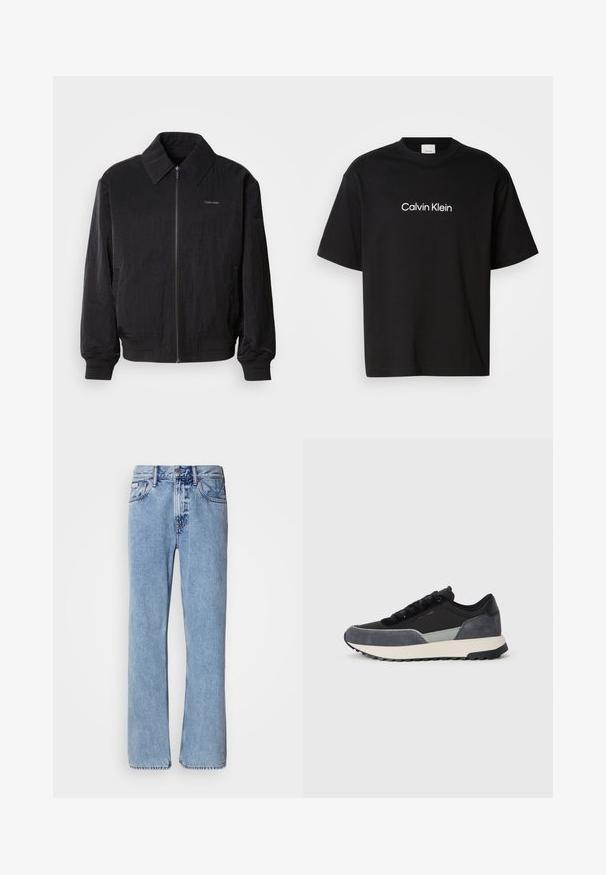 Cazadora bomber negra con cremallera y tela texturizada, gran cuello, puños elásticos y cintura ajustable. Presenta un sutil detalle del logo en el pecho.; Camiseta de algodón negra con mangas cortas, que presenta un logotipo blanco de "Calvin Klein" en el frente y un clásico escote redondo.; Jeans de mezclilla azul claro con un diseño de pierna recta, cinco bolsillos y cierre de botón. Detalles de costura cerca de los bolsillos y la cintura.; Zapatillas con cordones que presentan una mezcla de tela negra, acentos de ante gris y una gruesa suela intermedia blanca con banda de goma negra.