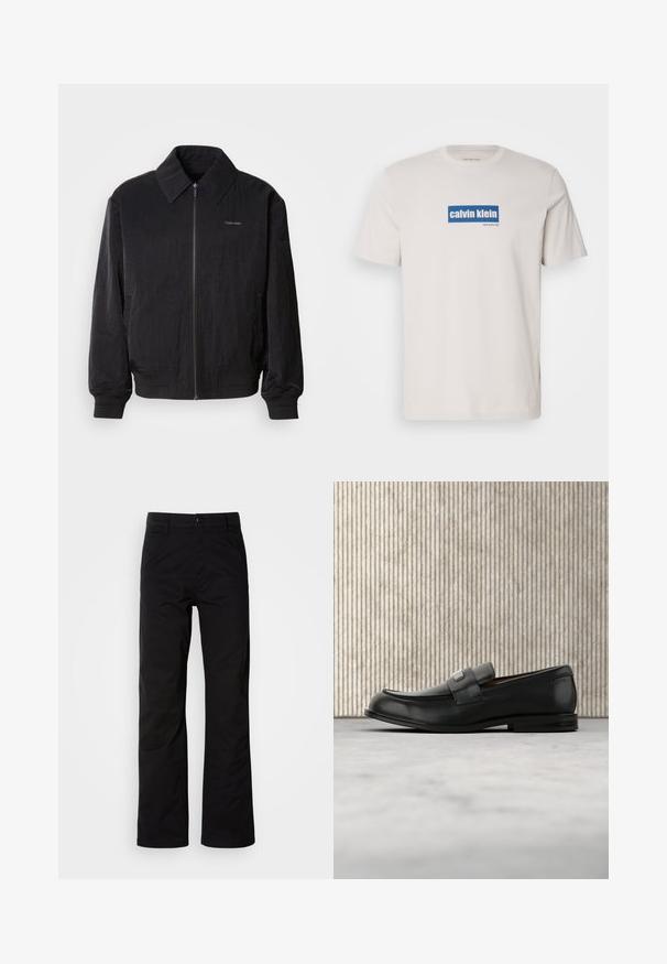 Schwarze Bomberjacke mit Reißverschluss aus strukturiertem Stoff, großem Kragen, elastischen Bündchen und Saum. Verfügt über ein dezentes Logo-Detail auf der Brust.; Weißes Baumwoll-T-Shirt mit einem blauen rechteckigen Logo, auf dem "calvin klein" und "new york city" in weißem Text auf der Vorderseite steht. Klassische Passform.; Schwarze Baumwollhosen mit geradem Bein, ausgestattet mit einem Knopfverschluss und Gürtelschlaufen. Glatte Textur und minimalistischer Stil ohne sichtbare Muster.; Schwarzer Lederloafer mit einer Metallmarkenplatte, der nahe einem braunen runden Tisch auf beigem Teppichboden ruht.