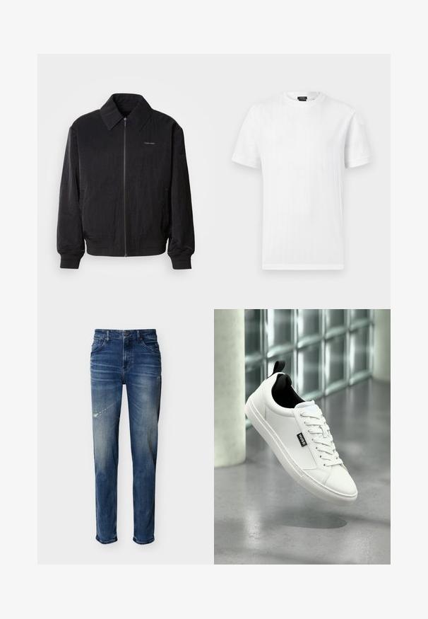Μαύρο bomber jacket με φερμουάρ και υφή, μεγάλο γιακά, ελαστικούς καρπούς και μέση. Διαθέτει διακριτική λεπτομέρεια λογότυπου στο στήθος.; Λευκό T-shirt με κοντά μανίκια και στρογγυλή λαιμόκοψη, με λεπτή κάθετη ριμπ υφή, εμφανιζόμενο σε απλό ανοιχτό γκρι φόντο.; Μπλε τζιν παντελόνια με ελαφριά ξεθώριασμα και φθαρμένες περιοχές, με στυλ πέντε τσεπών, ίσιο κόψιμο στα πόδια, κλείσιμο με κουμπί και φερμουάρ.; Ασπρο δερμάτινο αθλητικό παπούτσι με μαύρη εσωτερική επένδυση, επίπεδη κορδόνια και ορατή λεπτομέρεια λογότυπου. Διαθέτει υφασμένο λαστιχένιο πάτο για καλύτερη πρόσφυση.