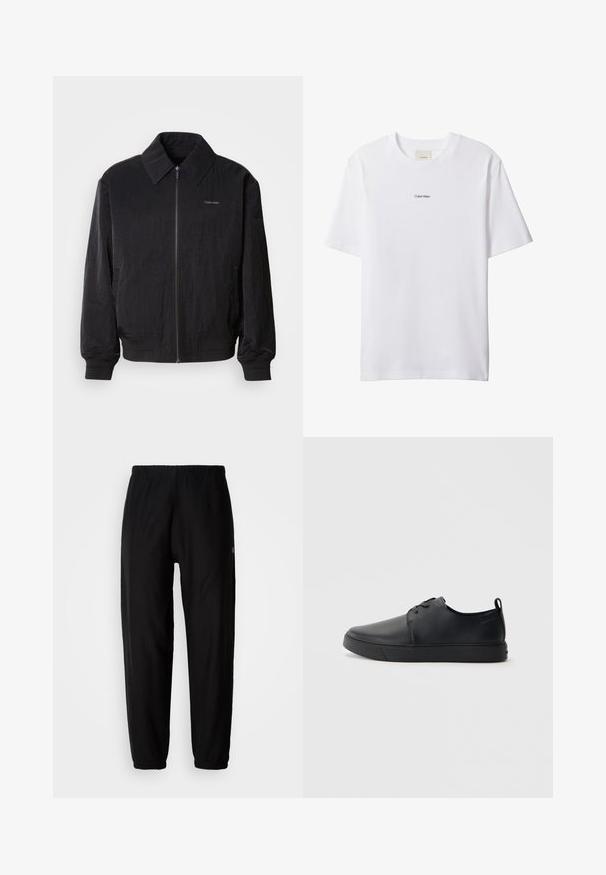Mustast zip-up bomber-jaki, millel on tekstuuriga kangas, suur krae, elastsed mansetid ja vöökoht. Omab diskreetset logo detaili rinnal.; Valge puuvillane t-särk ümmarguse kaeluse ja lühikeste varrukatega. Rinnal on keskel väike must "Calvin Klein" logo.; Mustad mustad, millel on elastne vöökoht, kitsenevad sääred ja mansetid. Sile kangastekstuuri. Logo detail küljes.; Mustaläik nahast spordijalatsid siledaga viimistlusega, ümarate varvastega, sama tooni õmblustega, nööbid ees, ja lamedate kummist tallaga. Kannas aas.