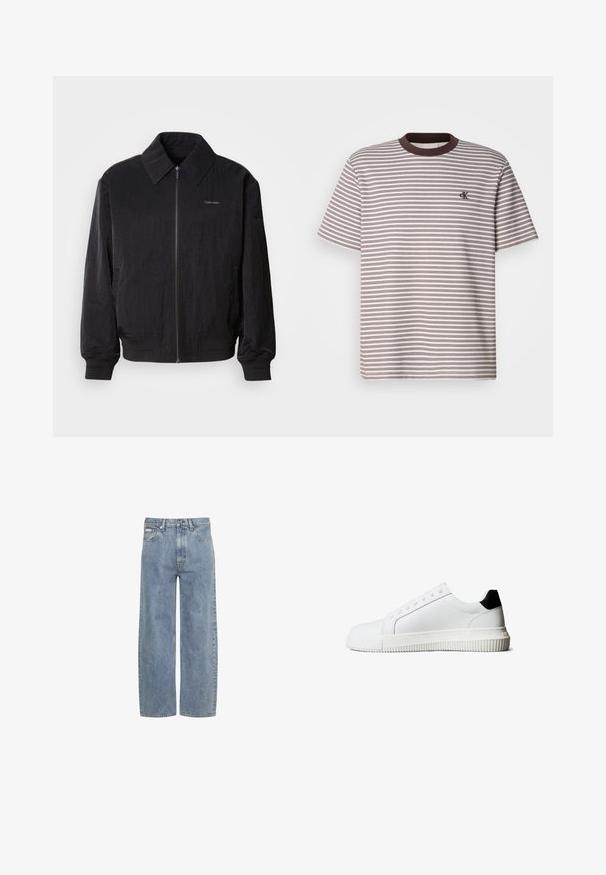 Μαύρο bomber jacket με φερμουάρ και υφή, μεγάλο γιακά, ελαστικούς καρπούς και μέση. Διαθέτει διακριτική λεπτομέρεια λογότυπου στο στήθος.; Καρό κοντομάνικο μπλουζάκι με καφέ και κρεμ οριζόντιες ρίγες, στρογγυλή λαιμόκοψη με καφέ ρέλι και μικρό κεντημένο λογότυπο στο στήθος.; Φαρδύ τζιν παντελόνι ανοιχτό μπλε με κούμπωμα κουμπιού και φερμουάρ μπροστά, θηλιές για ζώνη και σχεδιασμό με πέντε τσέπες.; Λευκά δερμάτινα αθλητικά παπούτσια με μαύρο σημείο στη φτέρνα, διαθέτουν επίπεδα κορδόνια, στρογγυλεμένη μύτη και ραβδωτή λαστιχένια σόλα για καλύτερη πρόσφυση.