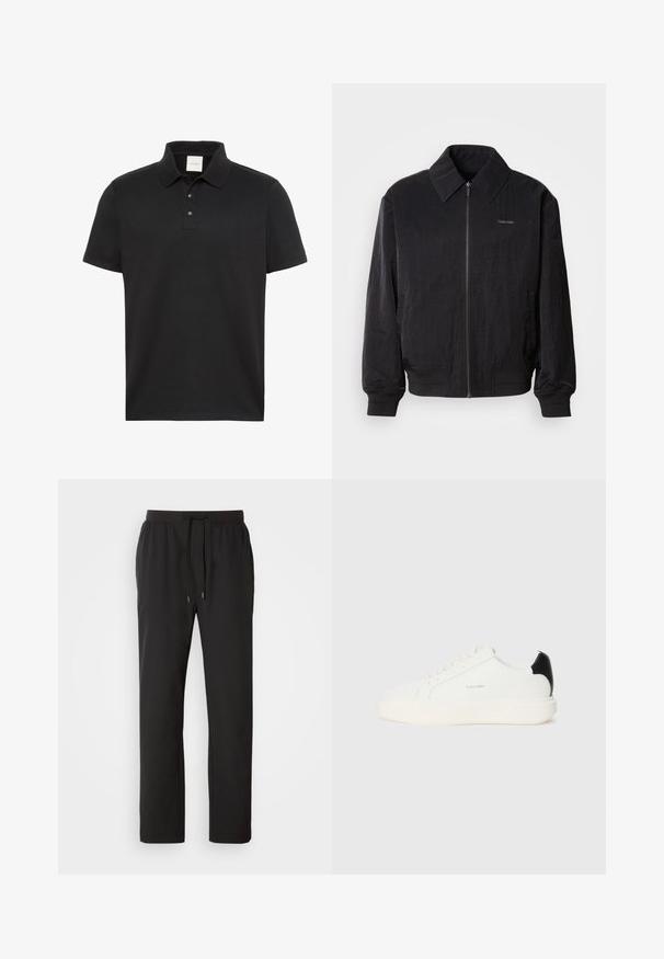Veste bomber noire zippée en tissu texturé, avec un grand col, des poignets élastiques et une taille élastique. Présente un petit logo sur la poitrine.; Polo noir à manches courtes avec col et trois boutons, arborant un discret logo Calvin Klein sur la poitrine.; Pantalons de jogging noirs en tissu léger, dotés d'une taille élastique avec cordons de serrage réglables et poches latérales. Texture lisse.; Baskets en cuir blanc avec un accent noir à l'arrière, présentant un bout rond, des lacets plats et une épaisse semelle blanche. Logo Calvin Klein affiché.