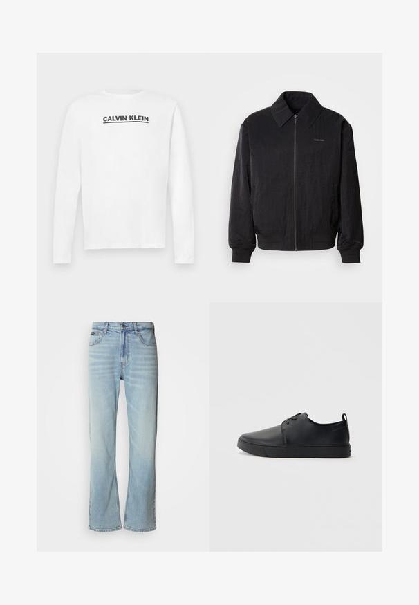 Veste bomber noire zippée en tissu texturé, avec un grand col, des poignets élastiques et une taille élastique. Présente un petit logo sur la poitrine.; Chemise blanche à manches longues en coton, arborant un logo noir "CALVIN KLEIN" sur la poitrine et un col rond. Texture lisse.; Jeans en denim bleu clair avec une coupe droite, dotés de cinq poches, d'une fermeture à bouton et d'une légère décoloration sur le tissu.; Baskets en cuir noir avec une finition lisse, bout arrondi, coutures ton sur ton, devant à lacets et semelle plate en caoutchouc. Anse au talon.