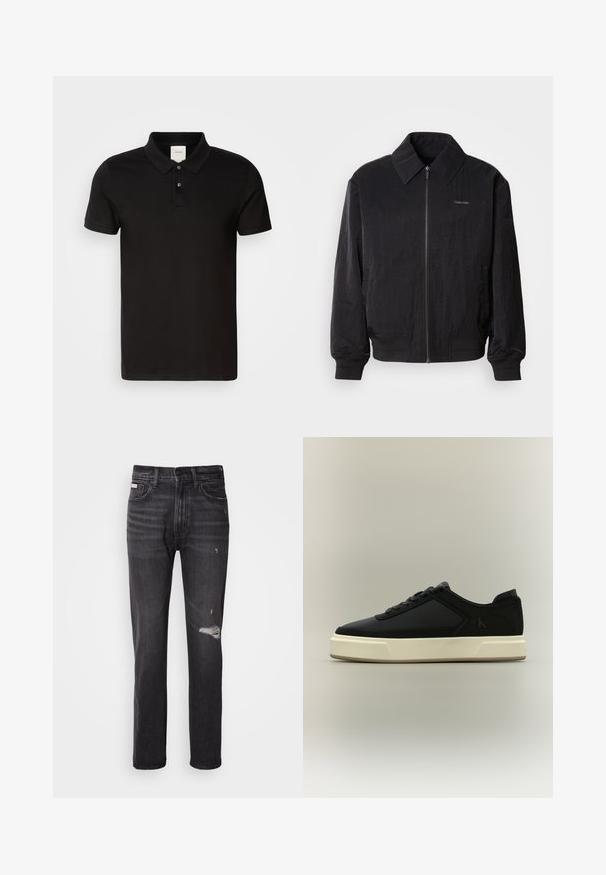 Cazadora bomber negra con cremallera y tela texturizada, gran cuello, puños elásticos y cintura ajustable. Presenta un sutil detalle del logo en el pecho.; Camisa polo negra hecha de una tela suave con un cuello clásico. Presenta dos botones en el cuello, mangas cortas y un logotipo sutil en el pecho.; Jeans de mezclilla negra con un diseño de pierna recta, detalles desgastados en la rodilla, estilo de cinco bolsillos y un sutil acabado deslavado.; Zapatilla deportiva negra de corte bajo con suela blanca gruesa, cordones en la parte delantera y el logo sutil "cK" en el lateral.