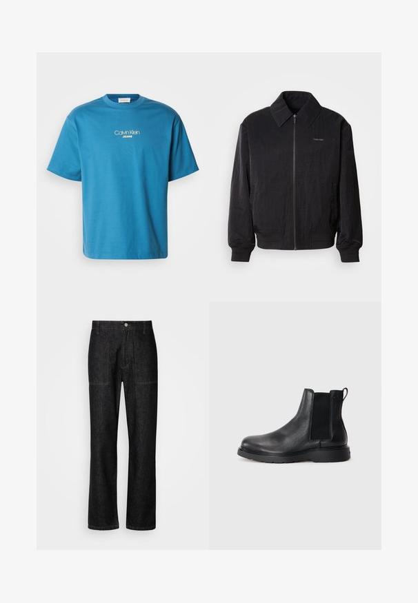 Μαύρο bomber jacket με φερμουάρ και υφή, μεγάλο γιακά, ελαστικούς καρπούς και μέση. Διαθέτει διακριτική λεπτομέρεια λογότυπου στο στήθος.; Μπλε βαμβακερό T-shirt με στρογγυλή λαιμόκοψη και κοντά μανίκια, με λογότυπο "Calvin Klein JEANS" σε κίτρινη κεντητική κεντραρισμένο στο στήθος.; Μαύρο τζιν παντελόνι με ίσια γραμμή, εμφανή ραφή και κουμπί στο μπροστινό μέρος. Περιλαμβάνει δύο πλαϊνές τσέπες και δύο πίσω τσέπες.; Μαύρα δερμάτινα μποτίνια Chelsea με υφή, ελαστικές πλαϊνές ταινίες και ανθεκτική καουτσούκ σόλα. Διακριτική σήμανση στη φτέρνα.