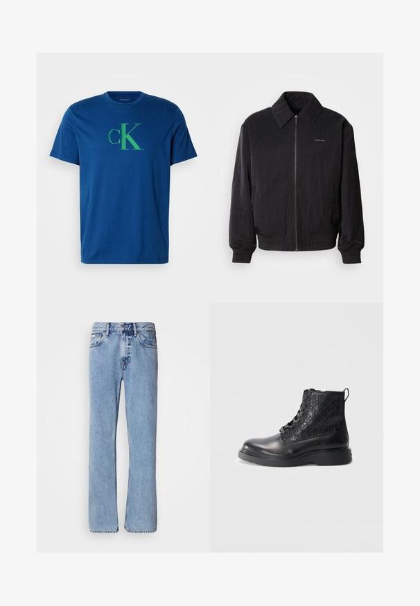 Schwarze Bomberjacke mit Reißverschluss aus strukturiertem Stoff, großem Kragen, elastischen Bündchen und Saum. Verfügt über ein dezentes Logo-Detail auf der Brust.; Blaues Baumwoll-T-Shirt mit grünem "cK"-Logo. Rundhalsausschnitt, kurze Ärmel, normale Passform mit glatter Textur und ohne sichtbare Muster.; Hellblaue Jeans aus Denim mit geradem Bein, fünf Taschen und Knopfverschluss. Nähte in der Nähe der Taschen und des Bundes.; Schwarze Leder Stiefeletten mit einer gesteppten Textur, runder Zehenpartie, Schnürverschluss und einer robusten Gummisohle. Mit einem Fersenriegel akzentuiert.