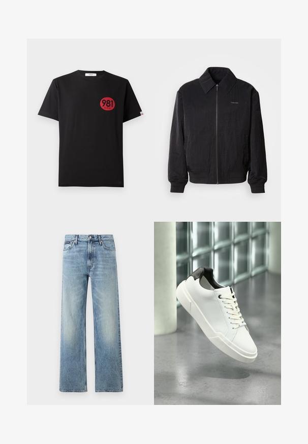 Sort zippered bomberjakke med struktureret stof, stor krave, elastiske manchetter og talje. Har diskret logo-detail på brystet.; Sort bomulds T-shirt med korte ærmer, der har et rødt cirkulært print, som inkluderer tallene "981" og ordet "REPLAY."; Lyseblå denim jeans med lige ben, højt talje, fem lommer, knaplukning og diskrete falmede områder på lår og knæ.; Hvid lav tå-sneaker med sort struktureret hælfane, hvide snørebånd og tyk sål på en poleret betongulv nær glasblokke.