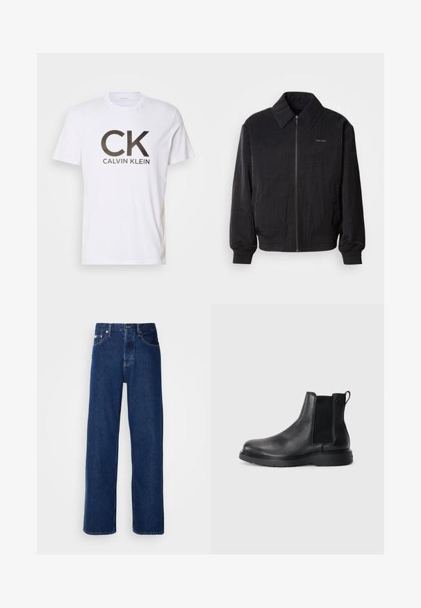 Sort zippered bomberjakke med struktureret stof, stor krave, elastiske manchetter og talje. Har diskret logo-detail på brystet.; Hvid bomuld t-shirt med et stort sort "CK" logo og "CALVIN KLEIN" tekst nedenfor. Klassisk rund hals og korte ærmer.; Mørkeblå denimjeans med et bredt ben-design, der har en knaplukning og klassisk fem-lomme styling. Stoffet har en glat tekstur.; Sorte læder chelsea støvler med tekstureret finish, elastiske sidepaneler og en robust gummisål. Subtil branding på hælen.