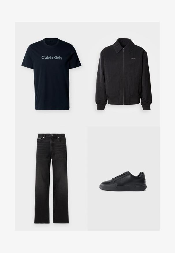 Μαύρο bomber jacket με φερμουάρ και υφή, μεγάλο γιακά, ελαστικούς καρπούς και μέση. Διαθέτει διακριτική λεπτομέρεια λογότυπου στο στήθος.; Μαύρο κοντομάνικο T-shirt με στρογγυλή λαιμόκοψη και το λογότυπο "Calvin Klein" τυπωμένο στο στήθος με ανοιχτό γκρι γράμματα.; Μαύρα τζιν με ευθεία γραμμή, σχεδίαση πέντε τσεπών, θηλιές για ζώνη και κλείσιμο με κουμπί, παρουσιασμένα σε λευκό φόντο.; Μαύρα αθλητικά παπούτσια με λείο δερμάτινο επάνω μέρος, στρογγυλή μύτη, κλείσιμο με κορδόνια, ανάγλυφη λεπτομέρεια στη φτέρνα και παχύ καουτσούκ πέλμα.