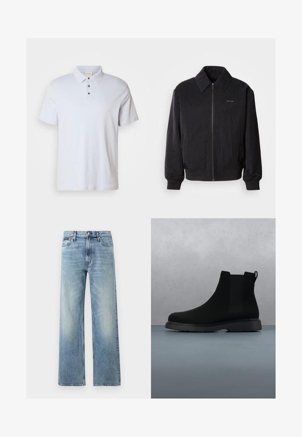 Mustast zip-up bomber-jaki, millel on tekstuuriga kangas, suur krae, elastsed mansetid ja vöökoht. Omab diskreetset logo detaili rinnal.; Hele sinine polo särk, mis on valmistatud puuvillast, sisaldab kolme nupuga pealist, volditud kraed, lühikesi varrukaid ja väikest logo rinnal.; Hele sinise värviga sirge säärega teksapüksid kõrge vöökohaga, viie taskuga, nööpidega kinnitatavad ja õrnade plekidega reite ja põlvede piirkonnas.; Mustad mustankott, mis on valmistatud siledast materjalist, peente õmblustega, kummitald ja stiilne disain, asetatud puidustruktuuriga pinna kohale.