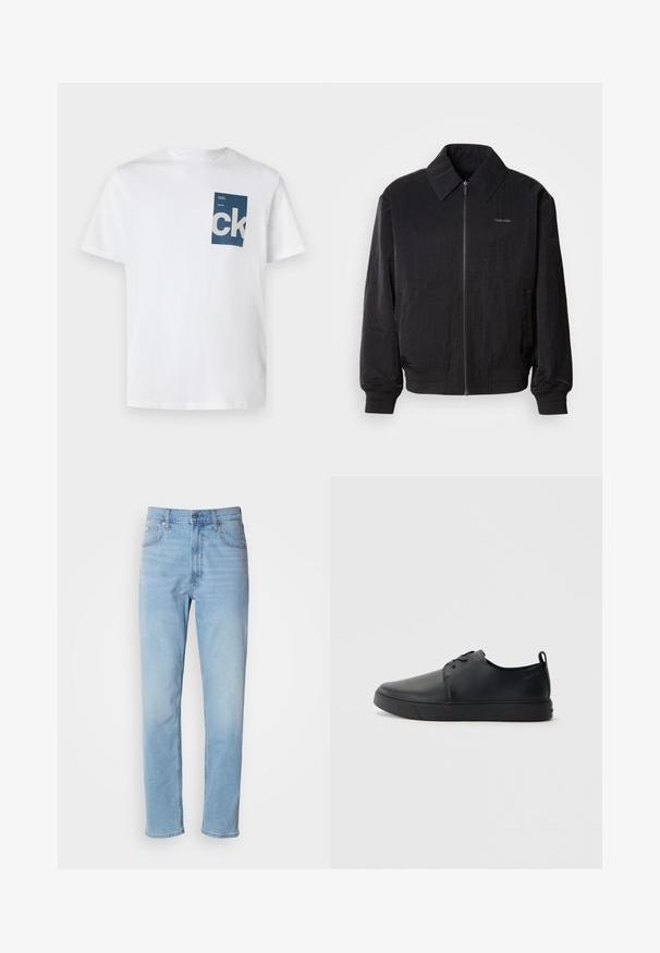 Cazadora bomber negra con cremallera y tela texturizada, gran cuello, puños elásticos y cintura ajustable. Presenta un sutil detalle del logo en el pecho.; Camiseta de algodón blanca con un bolsillo rectangular azul que presenta el logo "ck" en blanco y detalles en texto. Mangas cortas, cuello redondo, ajuste regular.; Jeans de mezclilla azul claro con un corte recto, cinco bolsillos y trabillas para cinturón. La tela presenta una textura suave con un ligero efecto de desvanecimiento.; Zapatilla negra de cuero con acabado suave, punta redondeada, costuras a tono, cordones en la parte delantera y suela de goma plana. Asa en el talón.