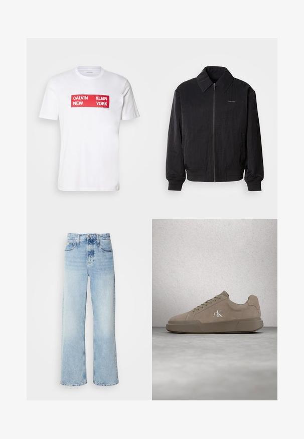 Cazadora bomber negra con cremallera y tela texturizada, gran cuello, puños elásticos y cintura ajustable. Presenta un sutil detalle del logo en el pecho.; Camiseta de algodón blanca con un audaz texto gráfico rectangular rojo: "CALVIN NEW KLEIN YORK." Con mangas cortas y un diseño de cuello redondo.; Vaqueros de pierna ancha en azul claro con una alta cintura, que presentan un acabado desgastado, cinturillas y un clásico diseño de cinco bolsillos. El dobladillo es sin acabar.; Zapatilla de gamuza beige con cordones y logotipo "ck", mostrada flotando sobre un suelo de hormigón pulido con una pared de bloques de vidrio al fondo.