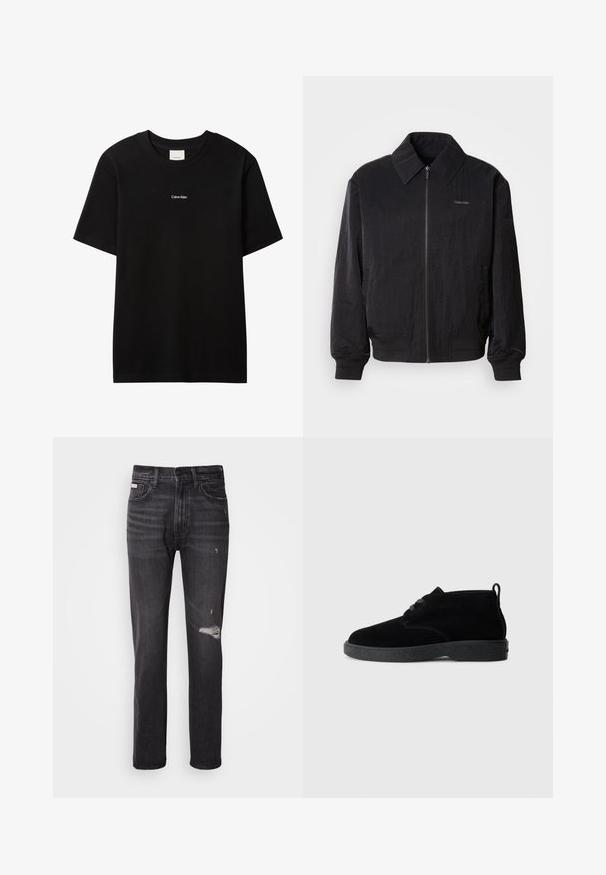 Veste bomber noire zippée en tissu texturé, avec un grand col, des poignets élastiques et une taille élastique. Présente un petit logo sur la poitrine.; T-shirt en coton noir avec col rond et manches courtes. Présente un petit logo "Calvin Klein" blanc sur le devant. Coupe classique et lisse.; Jean en denim noir avec une coupe droite, des détails déchirés au niveau des genoux, un style à cinq poches et une finition légèrement délavée.; Bottines en suédine noire à bout rond, à lacets, avec une semelle en caoutchouc noire et une languette à l'arrière pour un enfilage facile.