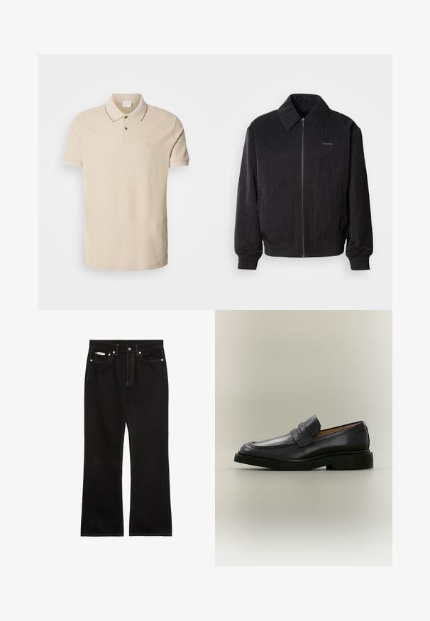 Zwarte bomberjack met ritssluiting, gemaakt van een gestructureerde stof, grote kraag, elastische manchetten en tailleband. Bevat een subtiele logodetail op de borst.; Beige polo shirt gemaakt van katoen, met een placket met twee knopen, korte mouwen en een klein logo op de borst. Contrasterende stiksel details.; Zwarte jeans met rechte pijpen, oranje stiksels, vijf zakken, knoopsluiting en een klein Calvin Klein-label op de voorste rechterzak.; Zwarte leren herenloafer met een lage hak en een banddetail over het bovenwerk, getoond in profiel op een neutrale achtergrond.