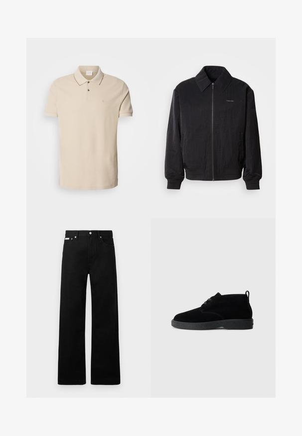 Cazadora bomber negra con cremallera y tela texturizada, gran cuello, puños elásticos y cintura ajustable. Presenta un sutil detalle del logo en el pecho.; Camisa polo beige de algodón, con un cierre de dos botones, mangas cortas y un pequeño logo en el pecho. Detalle de costura en contraste.; Pantalones de mezclilla negros con un diseño de pierna ancha, que cuentan con cinco bolsillos y herrajes de botón metálico. Textura suave, sin patrones visibles.; Botas de tobillo de ante negro con punta redondeada, diseño de cordones, suela de goma negra y una lengüeta en la parte trasera para facilitar su uso.