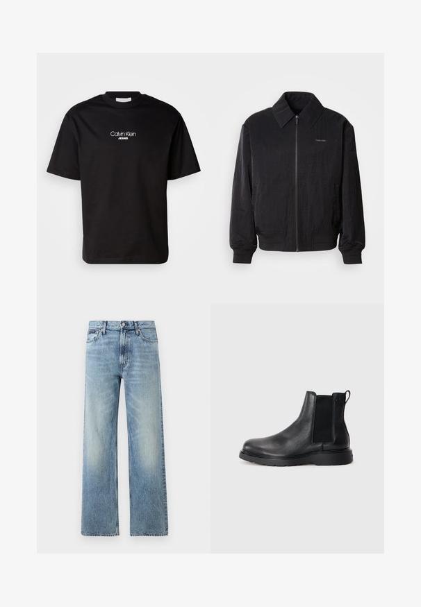 Μαύρο bomber jacket με φερμουάρ και υφή, μεγάλο γιακά, ελαστικούς καρπούς και μέση. Διαθέτει διακριτική λεπτομέρεια λογότυπου στο στήθος.; Μαύρη βαμβακερή μπλούζα με στρογγυλή λαιμόκοψη, κοντά μανίκια και λευκό λογότυπο "Calvin Klein JEANS" στο μπροστινό μέρος. Απλός και ίσιος σχεδιασμός.; Ανοιχτό μπλε τζιν παντελόνι με ίσια γραμμή και ψηλή μέση, πέντε τσέπες, κούμπωμα με κουμπί και διακριτικό ξεθώριασμα στους μηρούς και τα γόνατα.; Μαύρα δερμάτινα μποτίνια Chelsea με υφή, ελαστικές πλαϊνές ταινίες και ανθεκτική καουτσούκ σόλα. Διακριτική σήμανση στη φτέρνα.
