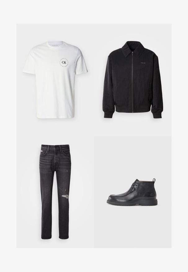 Μαύρο bomber jacket με φερμουάρ και υφή, μεγάλο γιακά, ελαστικούς καρπούς και μέση. Διαθέτει διακριτική λεπτομέρεια λογότυπου στο στήθος.; Λευκό κοντομάνικο μπλουζάκι Calvin Klein με μικρό μαύρο κυκλικό λογότυπο CK στην αριστερή πλευρά του στήθους και το κείμενο "Established in 1968".; Μαύρα τζιν παντελόνια με σχέδιο ίσιου ποδιού, φθαρμένες λεπτομέρειες στο γόνατο, πέντε τσέπες και διακριτική ξεθωριασμένη φινίρισμα.; Μαύρες δερμάτινες μπότες μέχρι τον αστράγαλο με στρογγυλή μύτη, σχέδιο με κορδόνια και λαβή στο πίσω μέρος. Υφή στο πάνω μέρος και ελαστική σόλα.