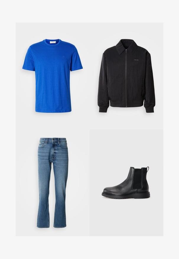 Zwarte bomberjack met ritssluiting, gemaakt van een gestructureerde stof, grote kraag, elastische manchetten en tailleband. Bevat een subtiele logodetail op de borst.; Blauw crewneck t-shirt van katoen, met korte mouwen en een subtiel logo op de borst, weergegeven op een witte achtergrond.; Lichtblauwe denim jeans met een rechte snit en een lichte flare. Beschikt over vijf zakken, een knoopsluiting en subtiele wassingdetails.; Zwarte leren Chelsea boots met een gestructureerde afwerking, elastische zijpanelen en een stevige rubberen zool. Subtiele branding op de hiel.