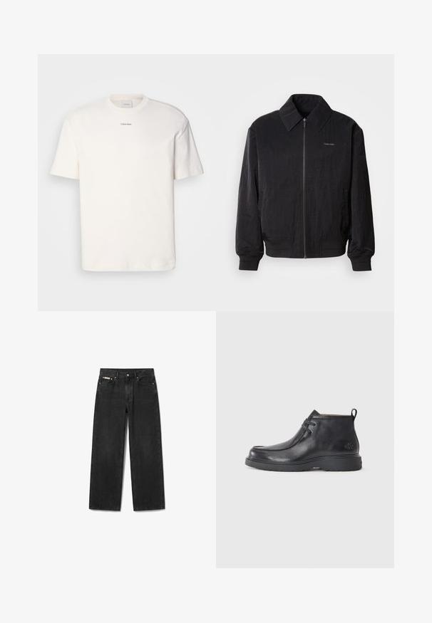 Cazadora bomber negra con cremallera y tela texturizada, gran cuello, puños elásticos y cintura ajustable. Presenta un sutil detalle del logo en el pecho.; Camiseta de algodón blanca con cuello redondo, mangas cortas y logo bordado de "Calvin Klein" en el centro del pecho. Diseño liso.; Vaqueros de mezclilla negros de pierna recta con botón y cremallera delanteros, cinco bolsillos y una pequeña etiqueta de marca en el bolsillo delantero derecho.; Botas de cuero negras hasta el tobillo con punta redondeada, diseño con cordones y una lengüeta en la parte trasera. Parte superior texturizada y suela de goma.