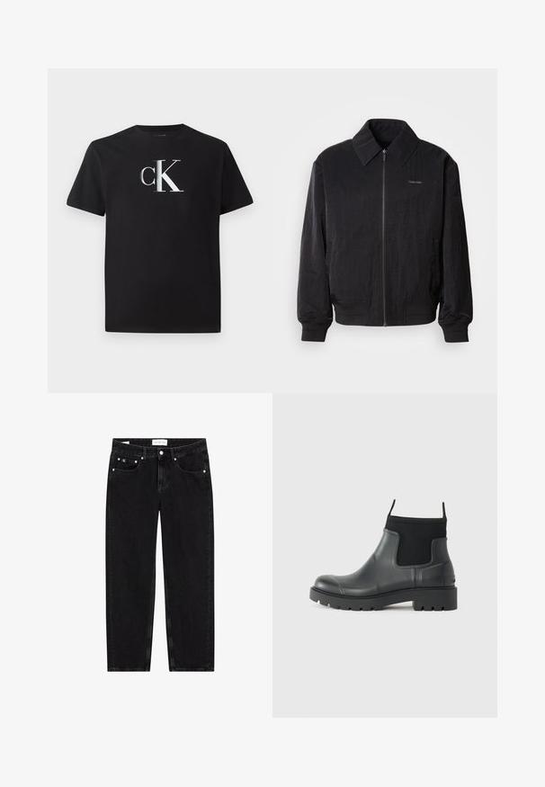 Schwarze Bomberjacke mit Reißverschluss aus strukturiertem Stoff, großem Kragen, elastischen Bündchen und Saum. Verfügt über ein dezentes Logo-Detail auf der Brust.; Schwarzes Baumwoll-T-Shirt mit einem silbernen "ck"-Logo auf der Vorderseite. Kurzärmlig und mit einem runden Halsausschnitt in regulärer Passform.; Schwarze Denim-Jeans mit geradem Bein, leicht distressed Textur, fünf Taschen und silbernen Hardware-Details. Etikett am Bund.; Schwarze Knöchelstiefel aus Gummi mit matter Oberfläche, die ein schlankes Design, elastische Einsätze und eine robuste Sohle für bessere Bodenhaftung bieten.