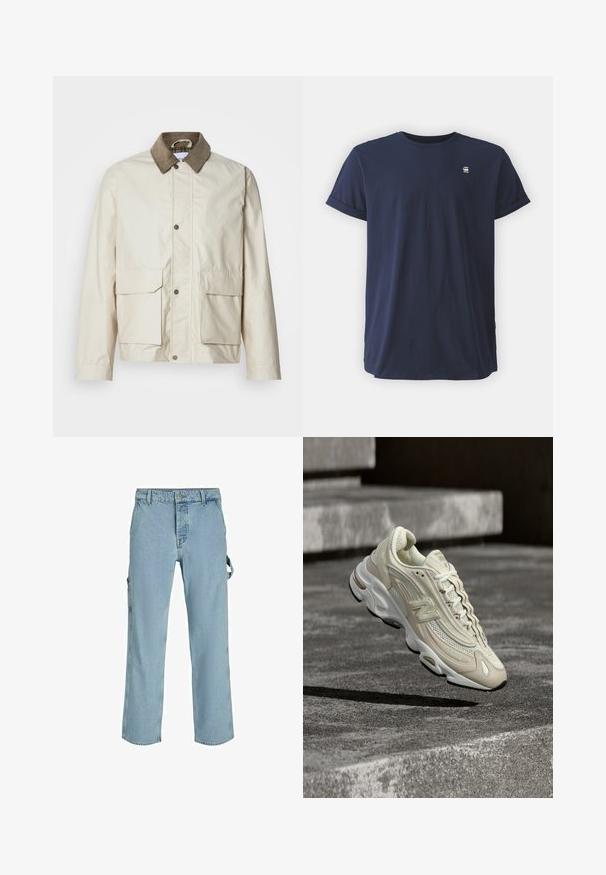 Chaqueta beige clara con un cuello de pana marrón, dos bolsillos frontales, cierre a presión y una textura suave. Diseño casual adecuado para superposiciones.; Camiseta de algodón azul marino con mangas cortas, cuello redondo y puños de manga enrollados. Cuenta con un pequeño logo en la parte superior del pecho.; Pantalones cargo de mezclilla azul claro con un corte relajado, que cuentan con lazos de sujeción laterales y bolsillos frontales, mostrando una textura desgastada.; Zapatilla New Balance en beige y blanco con detalles de malla y cuero, suspendida en el aire sobre unas escaleras de cemento que proyectan una sombra nítida.