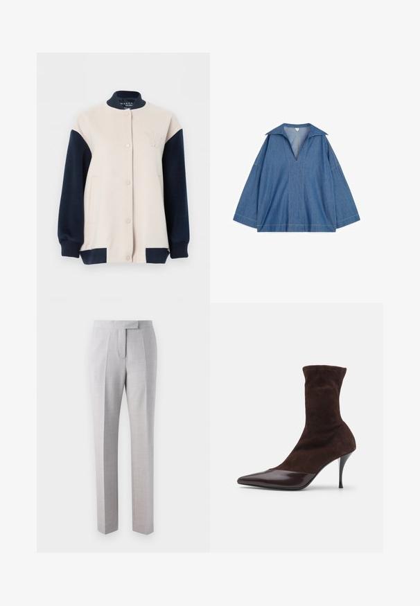 Kremfarvet jakke med marineblå ærmer, ribbet krave, manchetter og kant, front med trykknapper og et hævet "W"-mærke på brystet.; Løsblusset blå denim pullover med bred krave, dyb V-formet lynlås, lange ærmer og synlige kontrastsømme på samlingerne.; Lys grå skræddersyede bukser lavet af fint tekstureret stof med flad front, folder og lige ben. Sidder højt på taljen.; Brune ruskinds ankelstøvle med spids tå og blank bordeauxlakeret tåhætte, der har en slank stilettohæl og tekstureret overdel.