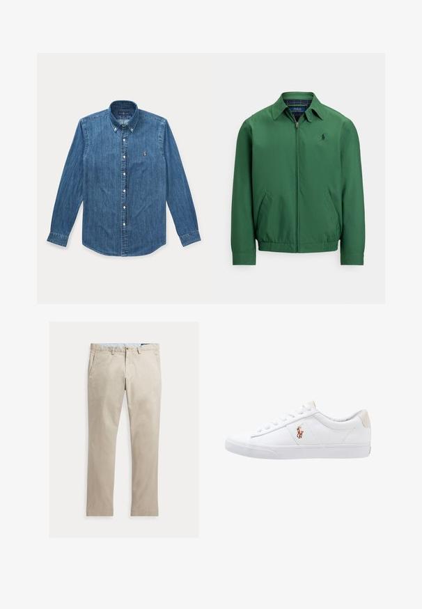 Grøn lynlåstrøje lavet af glat stof. Har en spids krave, elastisk linning og sidelommer. Lille logo på brystet.; Langærmet blå denim skjorte med knapper, krave og lille broderet logo på venstre bryst.; Beige bomuldsbukser med lige ben, forlommer, bæltestropper, knaplukning og lynlås, lagt fladt på en hvid baggrund.; Hvide kanvas sneakers med lågtop design, prydet med en beige hælkappe og et lille broderet logo på siden. Gummisål.