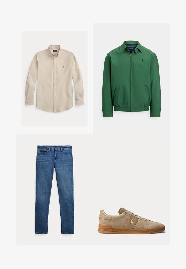 Grøn lynlåstrøje lavet af glat stof. Har en spids krave, elastisk linning og sidelommer. Lille logo på brystet.; Beige langærmet skjorte med knapper og krave, broderet Polo Ralph Lauren-logo på brystet og knappede manchetter.; Blå denimjeans med slim fit, der har forlommer, bæltestropper og lukning med knap på hvid baggrund.; Beige ruskind og læder lav-top sneaker med gummisål, hvide snørebånd og Polo-logo på siden og sålen.