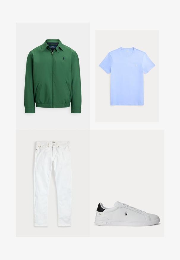 Groen jack met ritssluiting, gemaakt van gladde stof. Heeft een spitse kraag, elastische tailleband en zijzakken. Klein logo op de borst.; Lichtblauw T-shirt met korte mouwen en een ronde hals met een klein wit geborduurd logo op de linkerborst.; Witte slim-fit jeans met vijf zakken, knoopsluiting en riemlussen, plat gelegd op een effen lichte achtergrond.; Witte lage sneaker met zwarte hieltab, veters en Polo Ralph Lauren-logo aan de zijkant, met gegraveerde zooldetails.