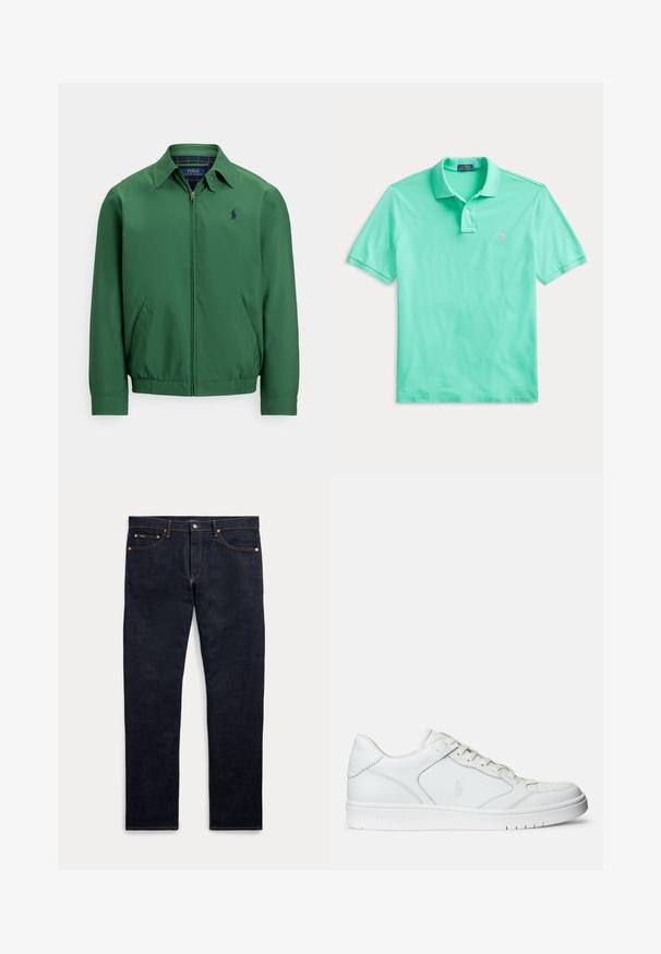 Grøn lynlåstrøje lavet af glat stof. Har en spids krave, elastisk linning og sidelommer. Lille logo på brystet.; Grøn kortærmet poloshirt med to knapper og et lille lyserødt broderet logo på venstre bryst.; Mørkeblå denimjeans med fem lommer, knap- og lynlås-lukning og synlige gyldne syninger, vist fladt på en lys baggrund.; Hvide lædersneakers med en glat tekstur, der har en perforeret tå, snørebåndslukning og broderet logo på siden. Hvid gummisål.